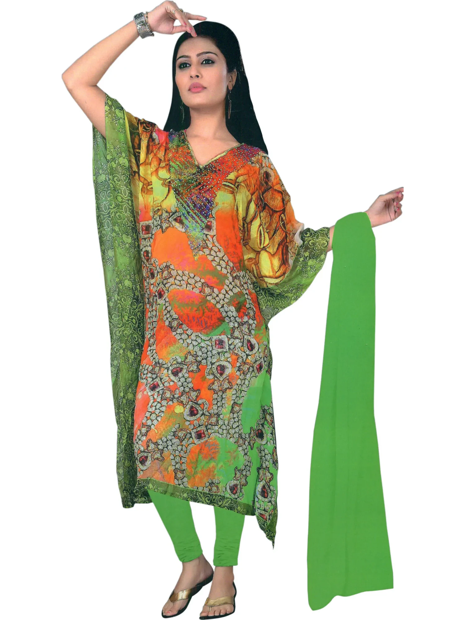 Vibrant-Green Digital-Printed Trouser Kaftan Suit with Crystals and Chiffon Dupatta