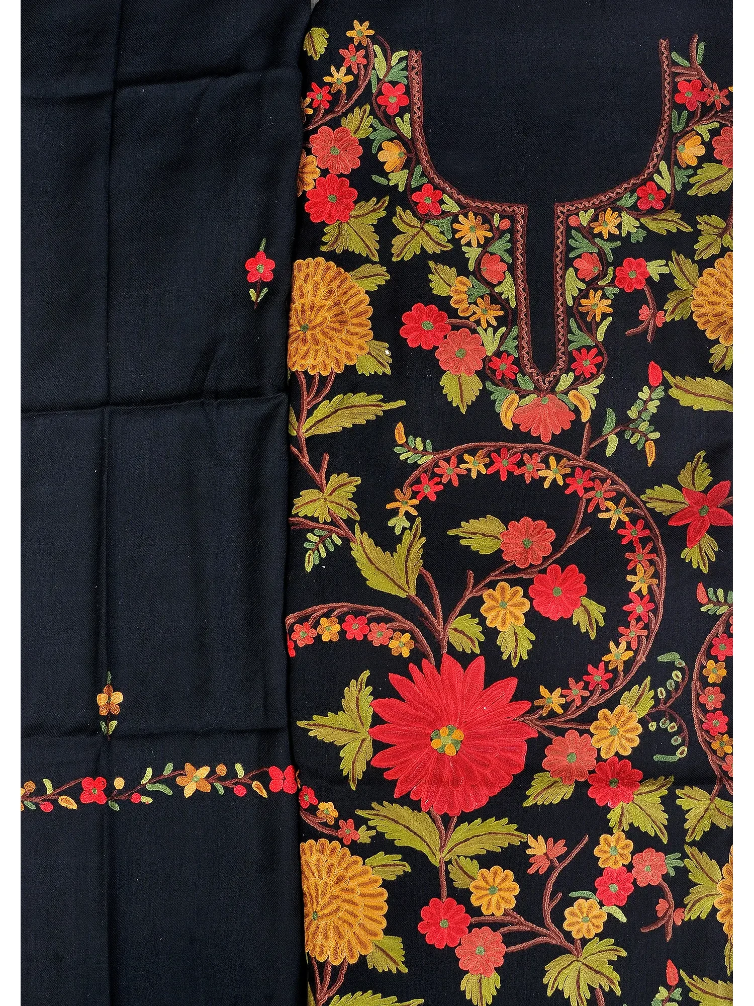 Jet-Black Salwar Kameez Fabric from Kashmir with Aari Hand-Embroidered Flowers