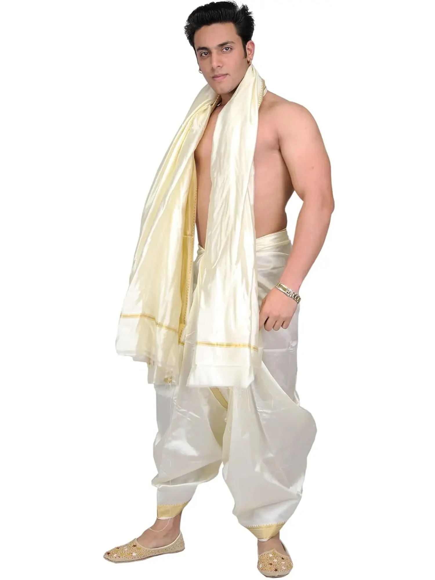 Cream Dhoti and Angavastram with Golden Woven Border