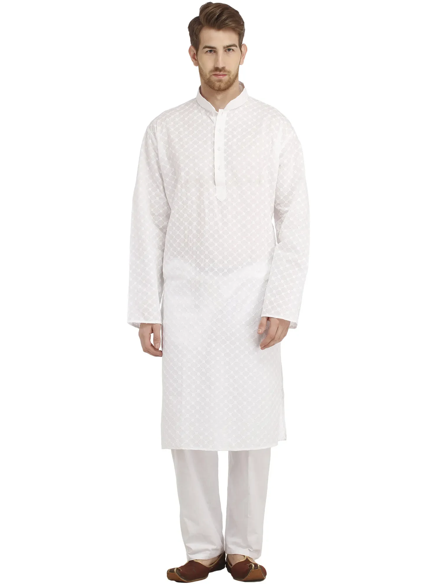 Bright-White Casual Kurta Pajama Set with Lukhnavi Chikan Embroidery