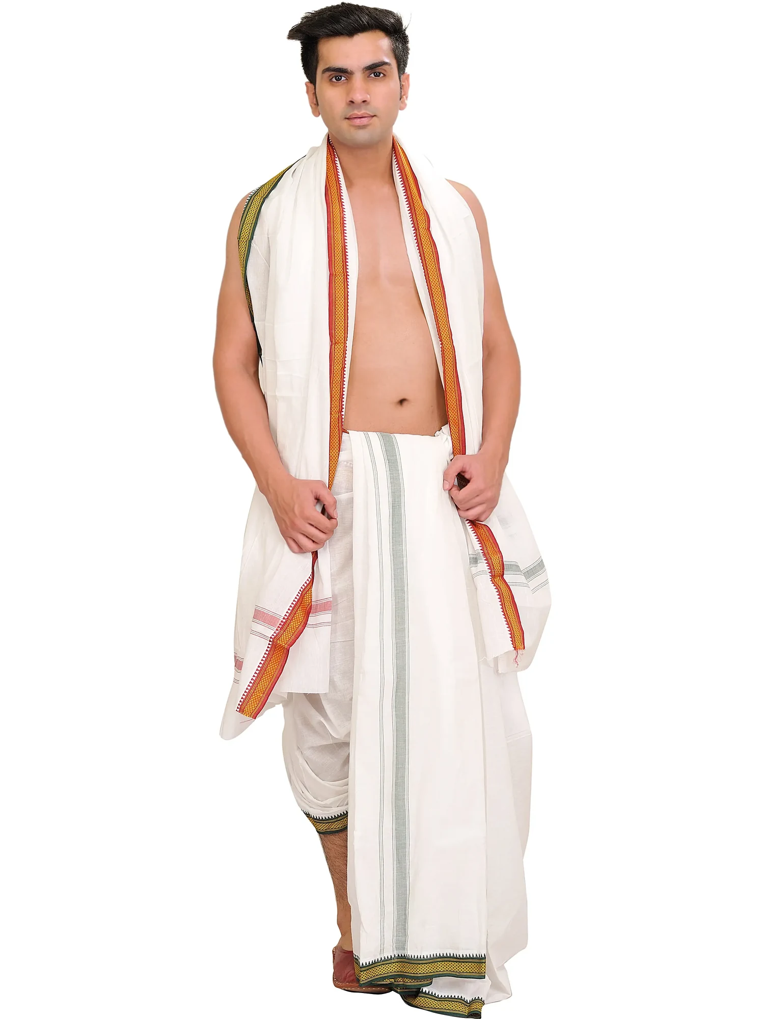 Egret-White Dhoti and Angavastram Set with Zari Weave on Border