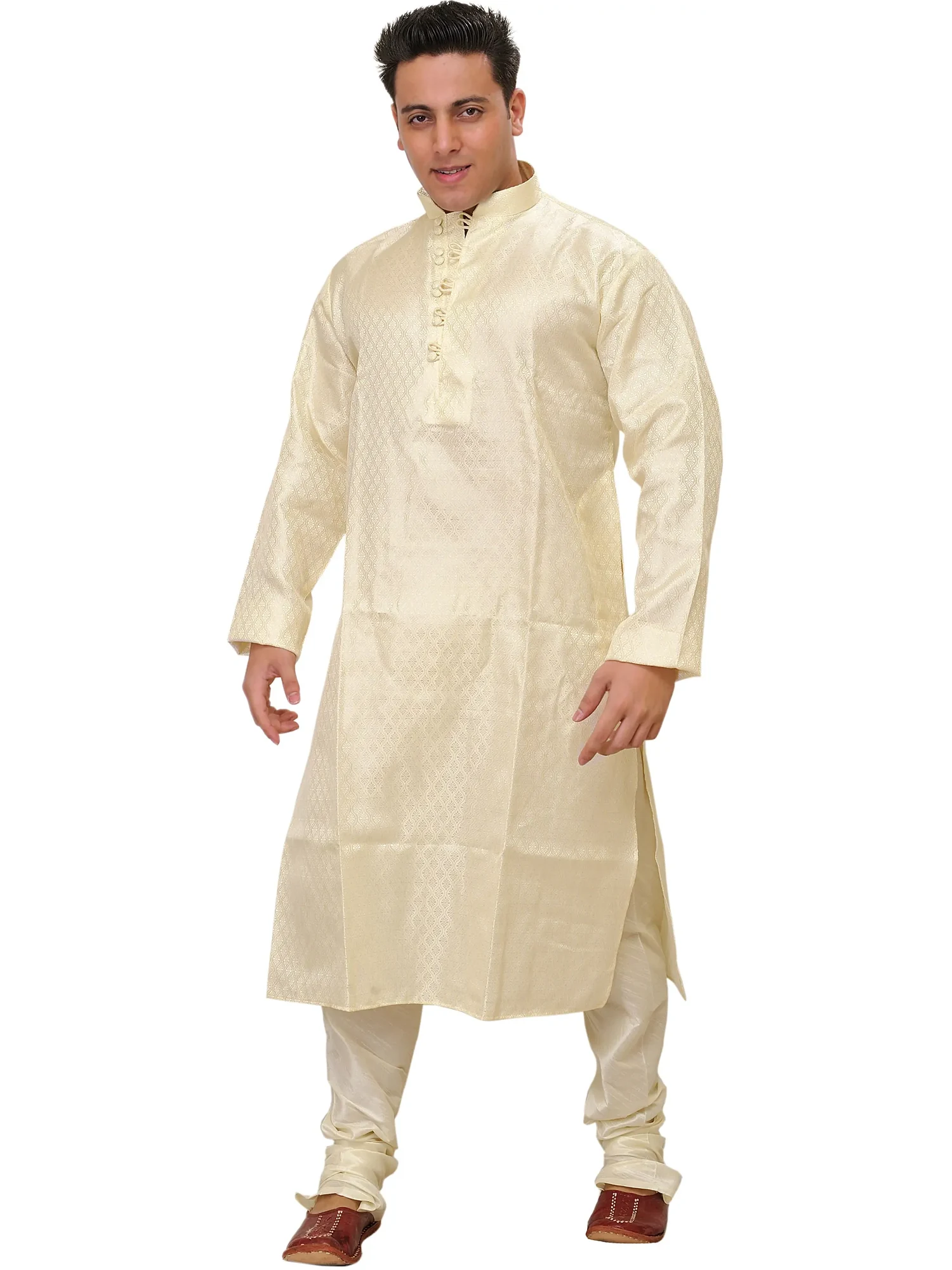Cream Wedding Kurta Pajama Set with Self-Weave
