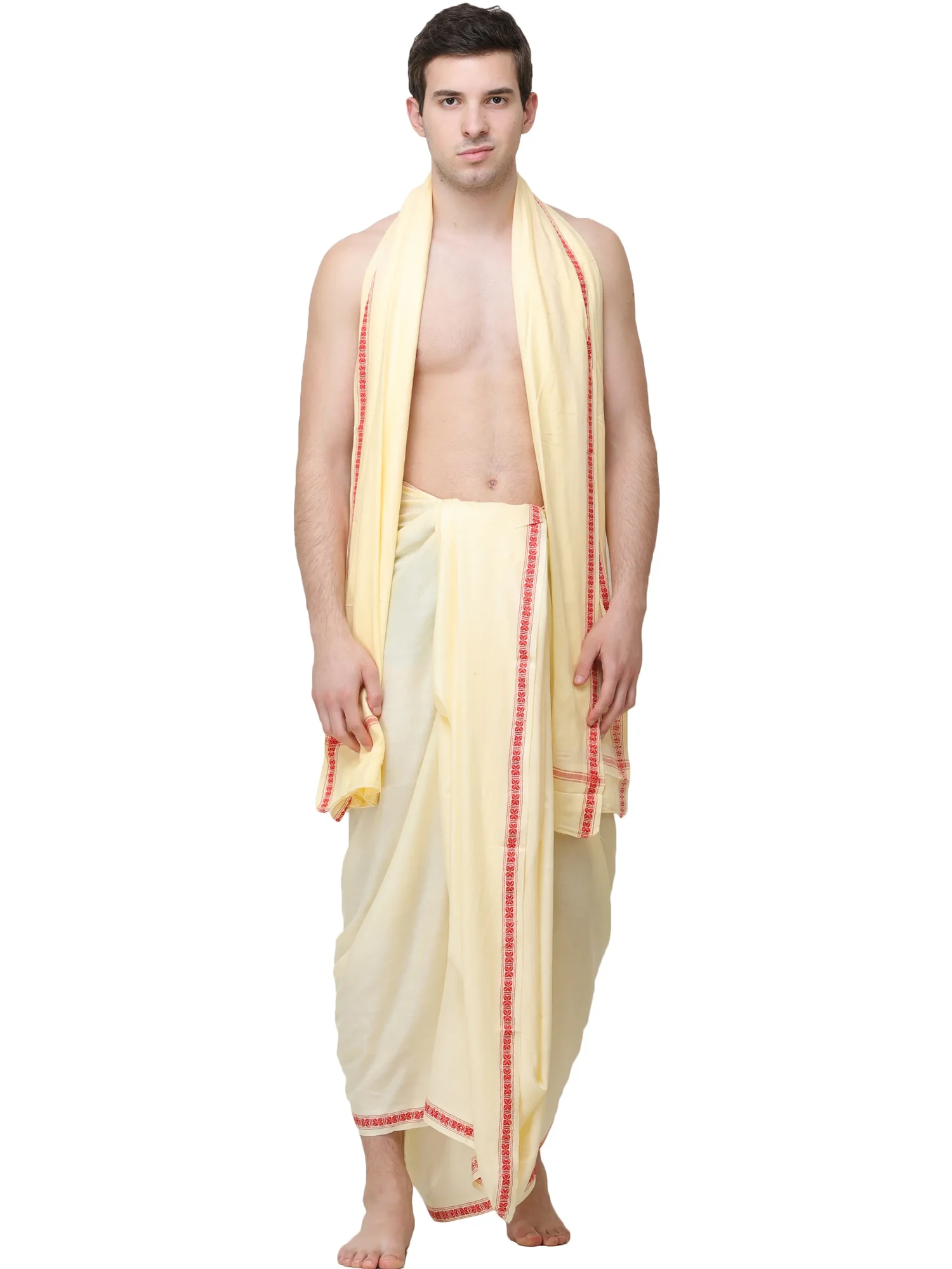 Afterglow Dhoti and Angavastram Set from Kashi with Woven Narrow Border