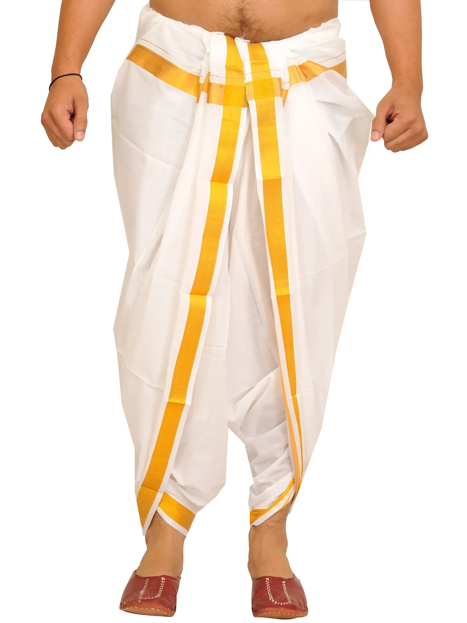 Bright-White Dhoti from Kerala with Woven Golden Border