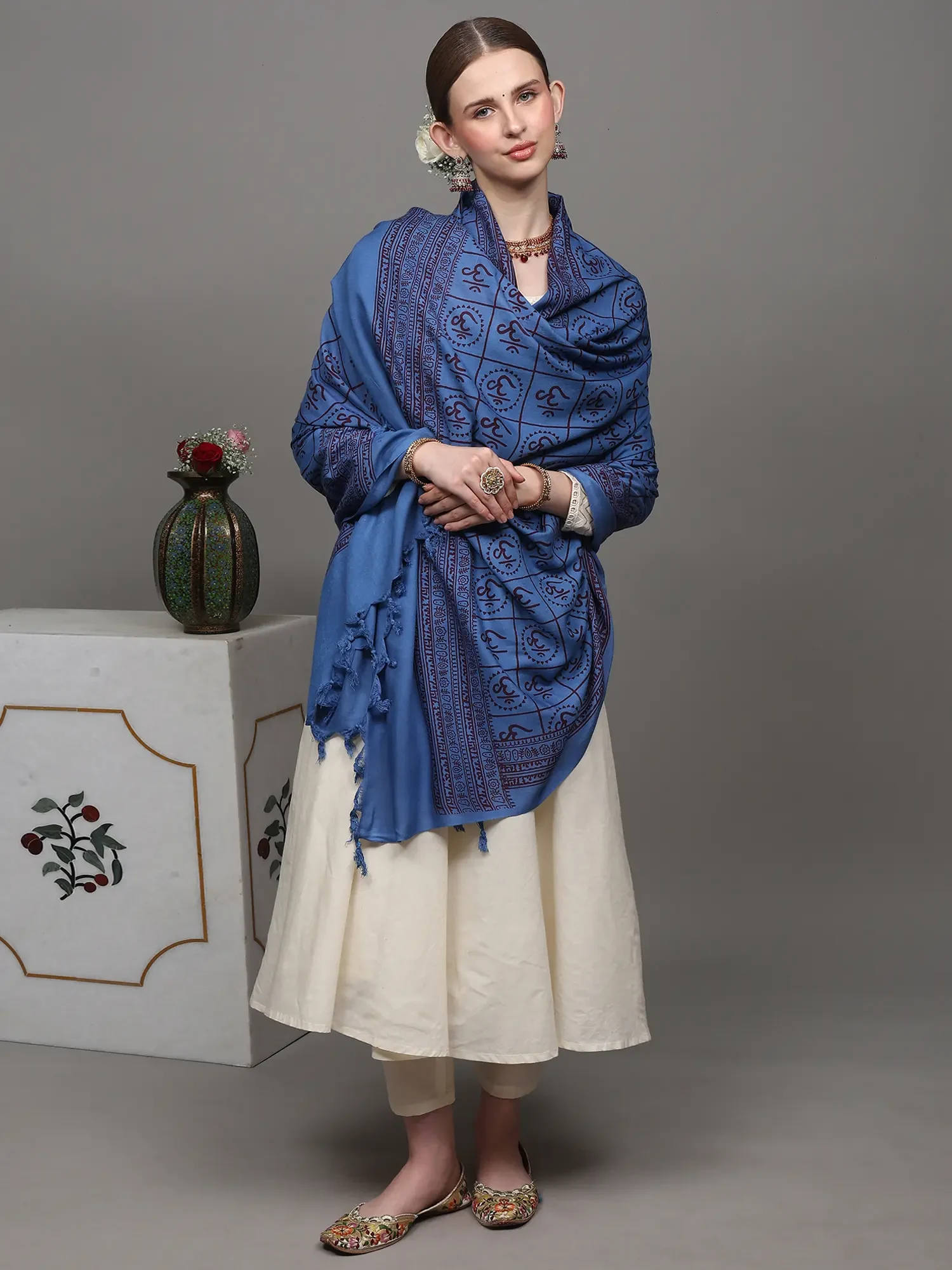 Vallarta-Blue Hindu Prayer Shawl with Printed Om All-Over