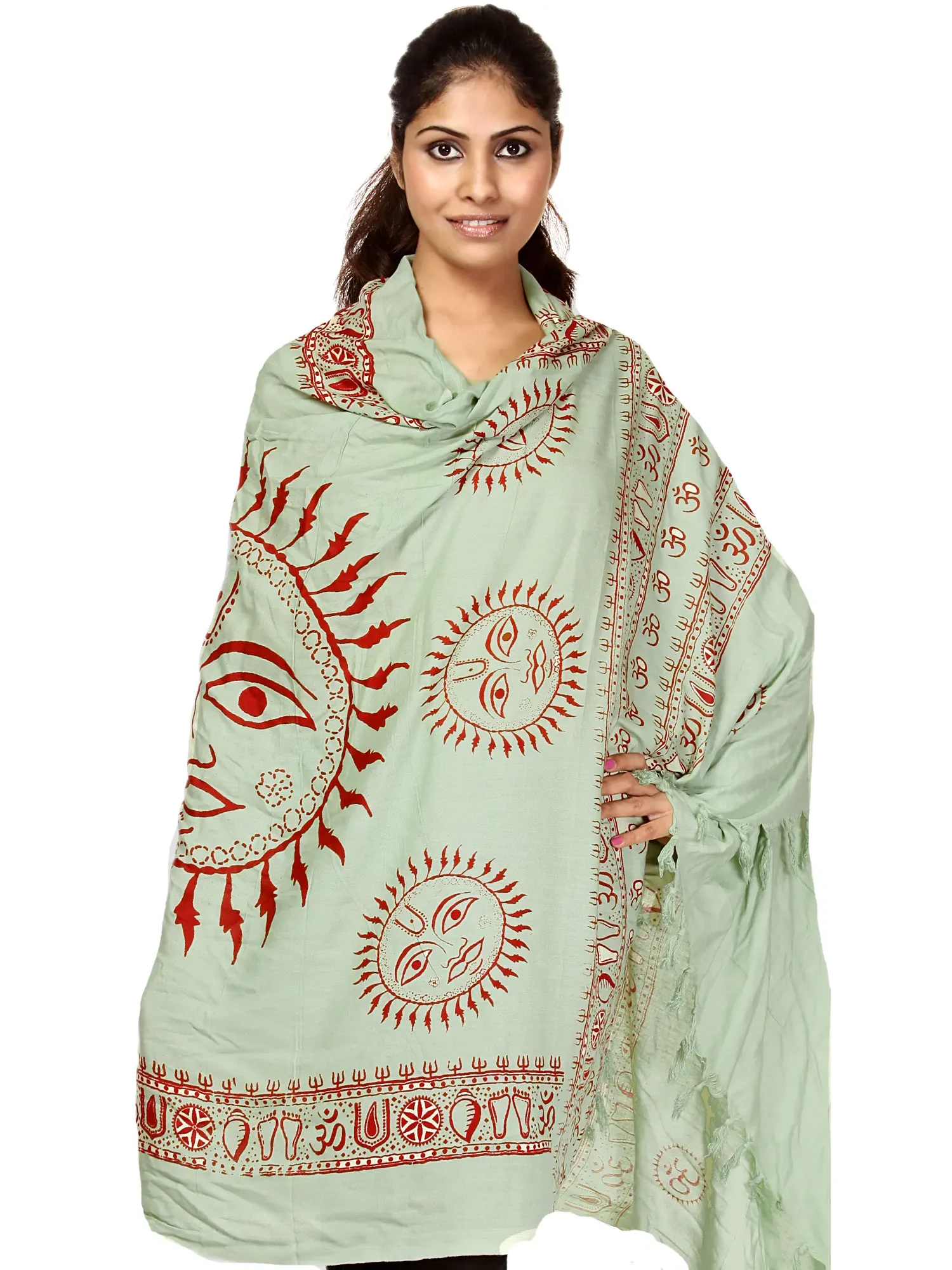 Green Sanatana Dharma Prayer Shawl with Large Printed Surya (Sun) God