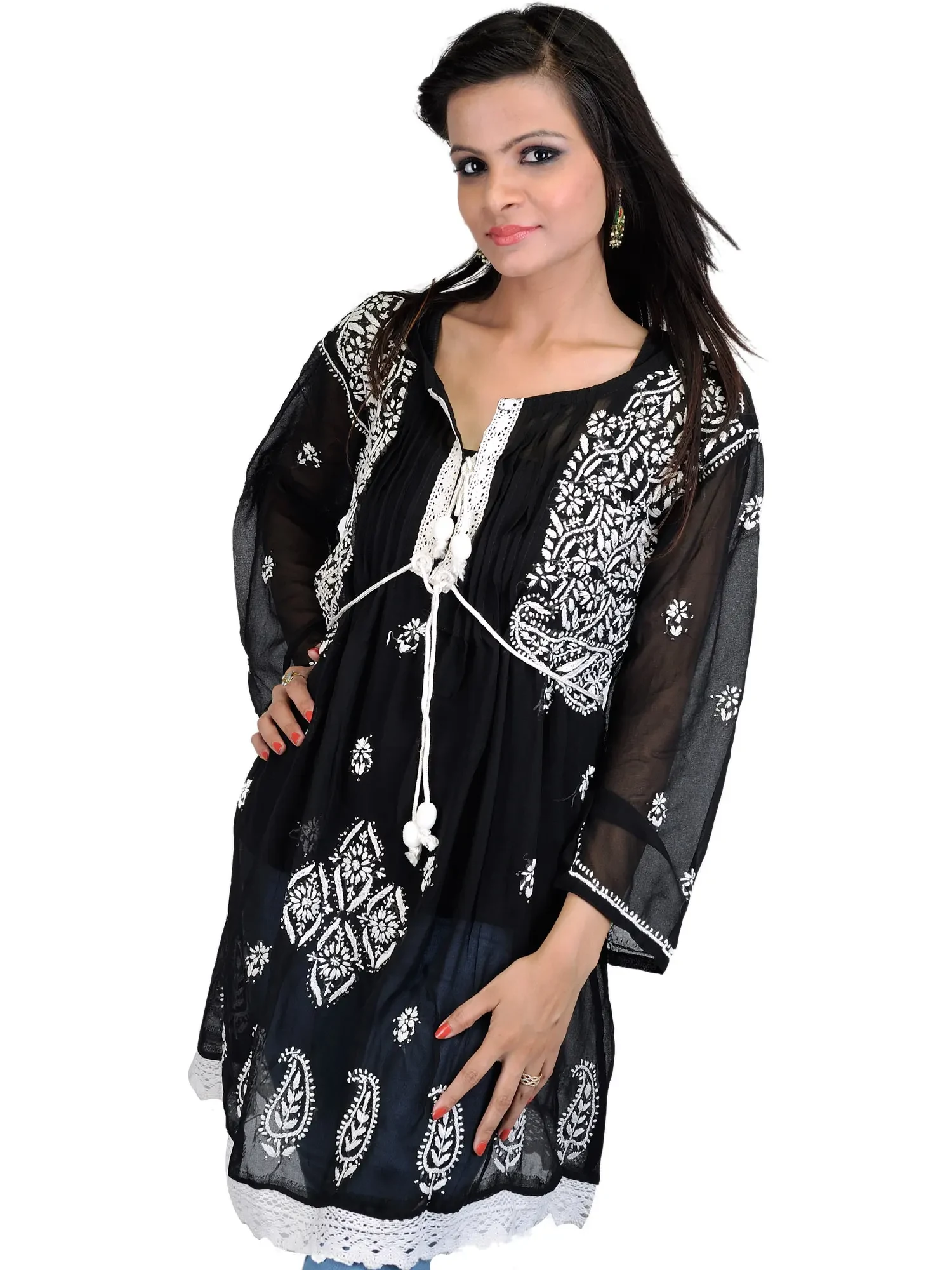 Black Kurti with Chikan Embroidered Flowers and Paisleys by Hand