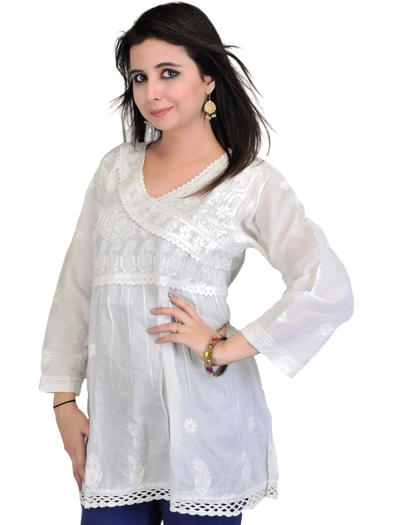 White Kurti with Lukhnavi Chikan Embroidered Paisleys
