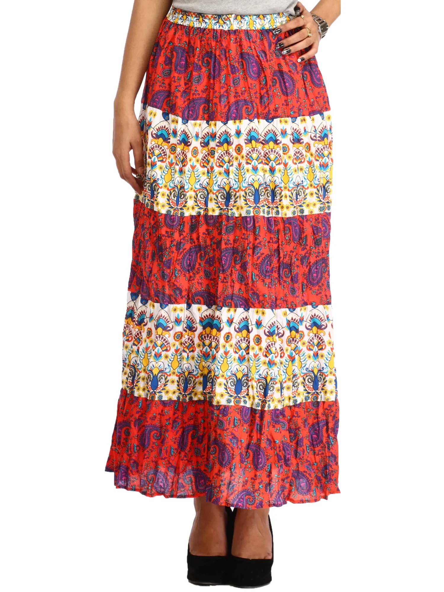 Red and White Long Printed Skirt with Paisleys