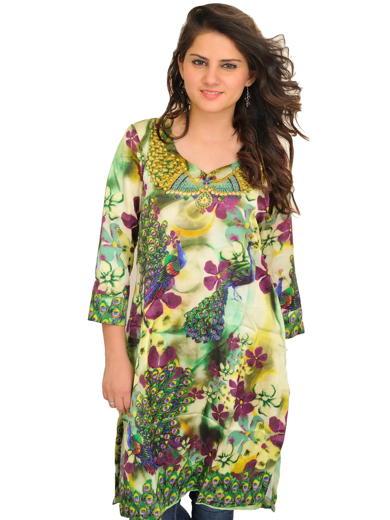Arcadian-Green Digital Printed Kurti with Peacocks and Flowers