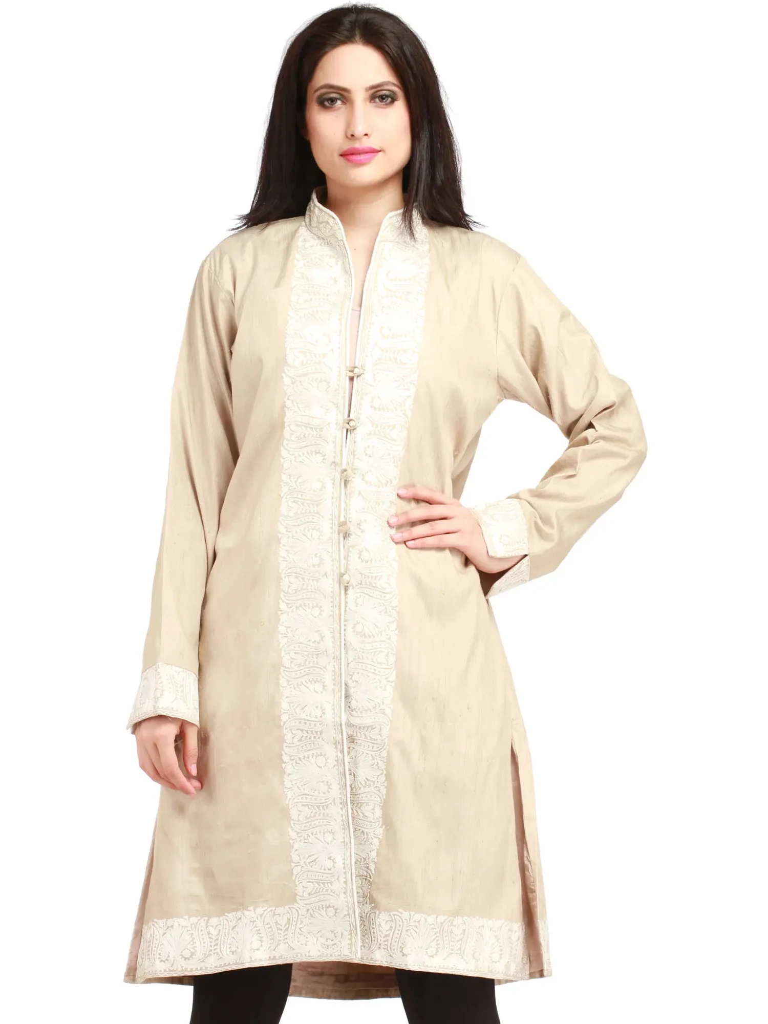 Bleached-Sand Long Jacket from Kashmir with Aari Embroidered Paisleys on Border