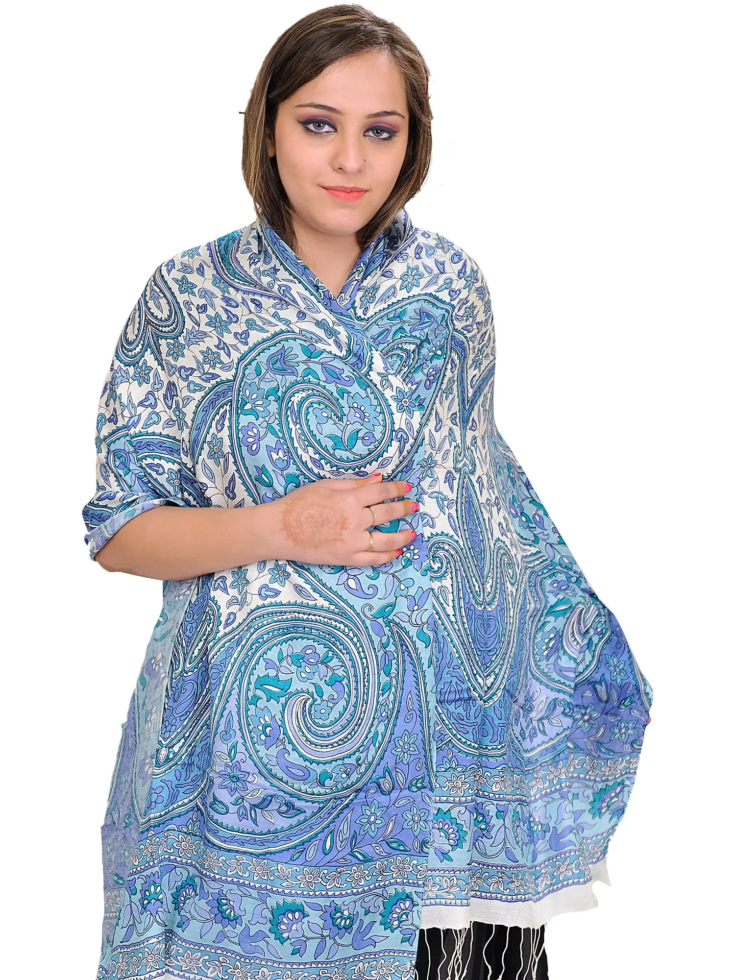 Porcelain-Blue and White Stole with Digital-Printed Paisleys and Flowers