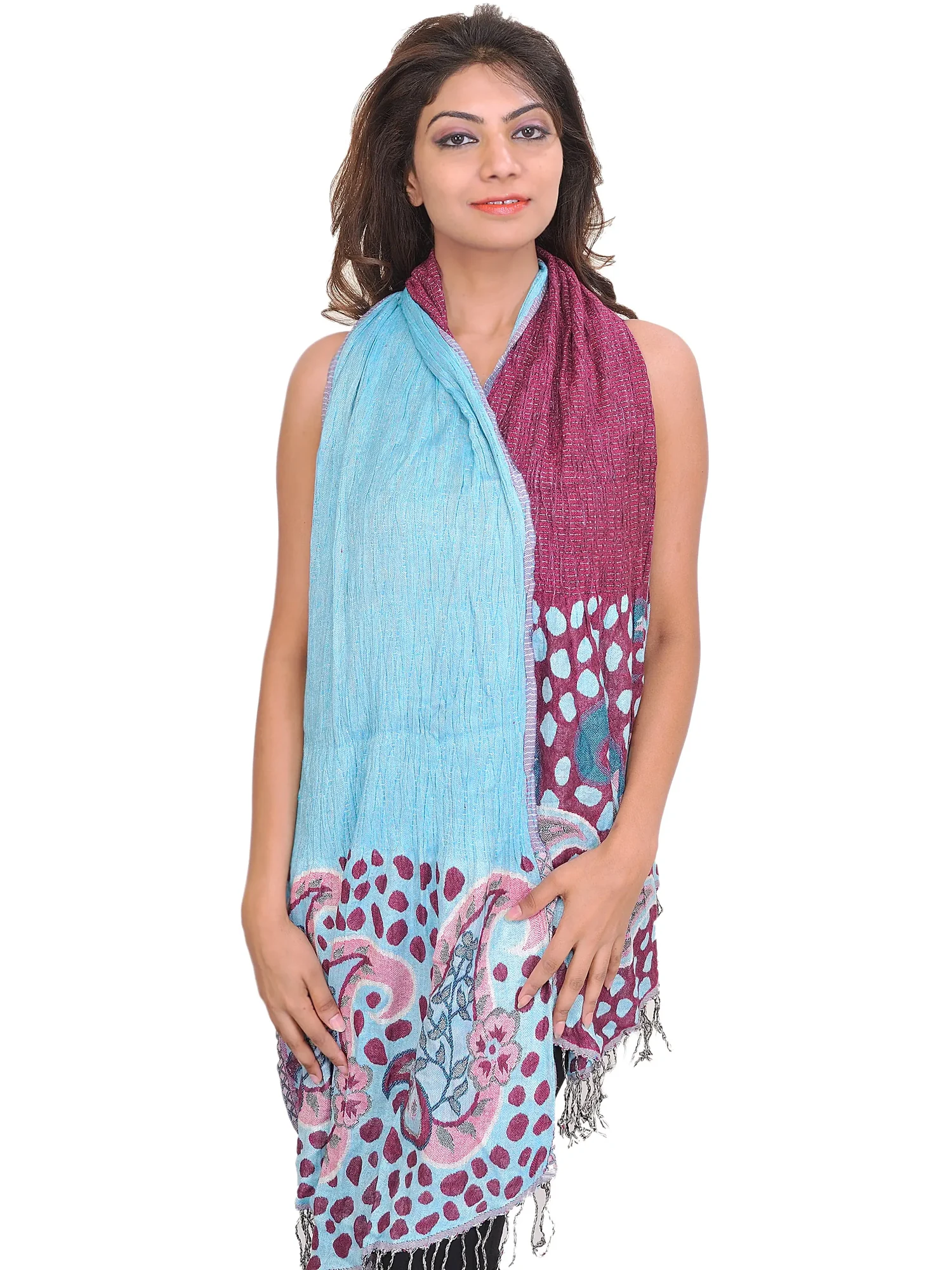 Boysenberry and Blue Reversible Scarf with Woven Paisleys and Bootis