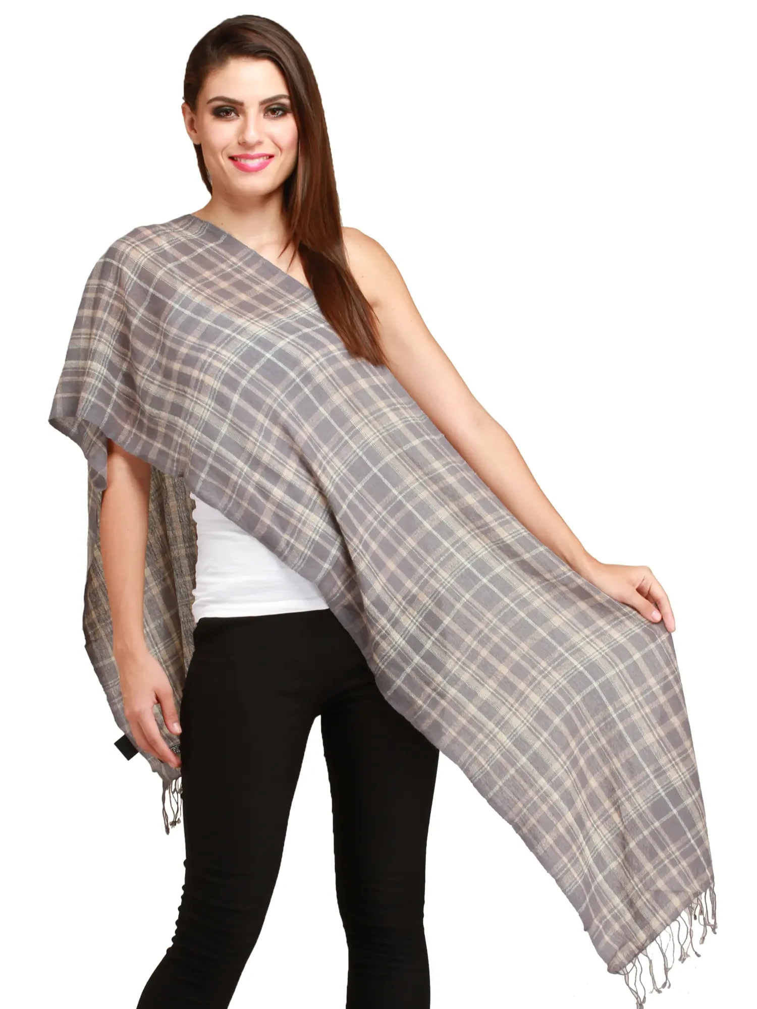 Wild-Dove Cashmere Scarf from Nepal with Woven Checks