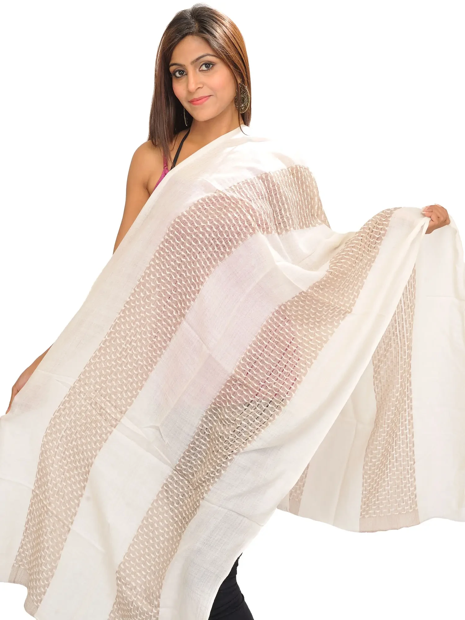 Ivory Semi-Cashmere Reversible Stole with Thread Weave