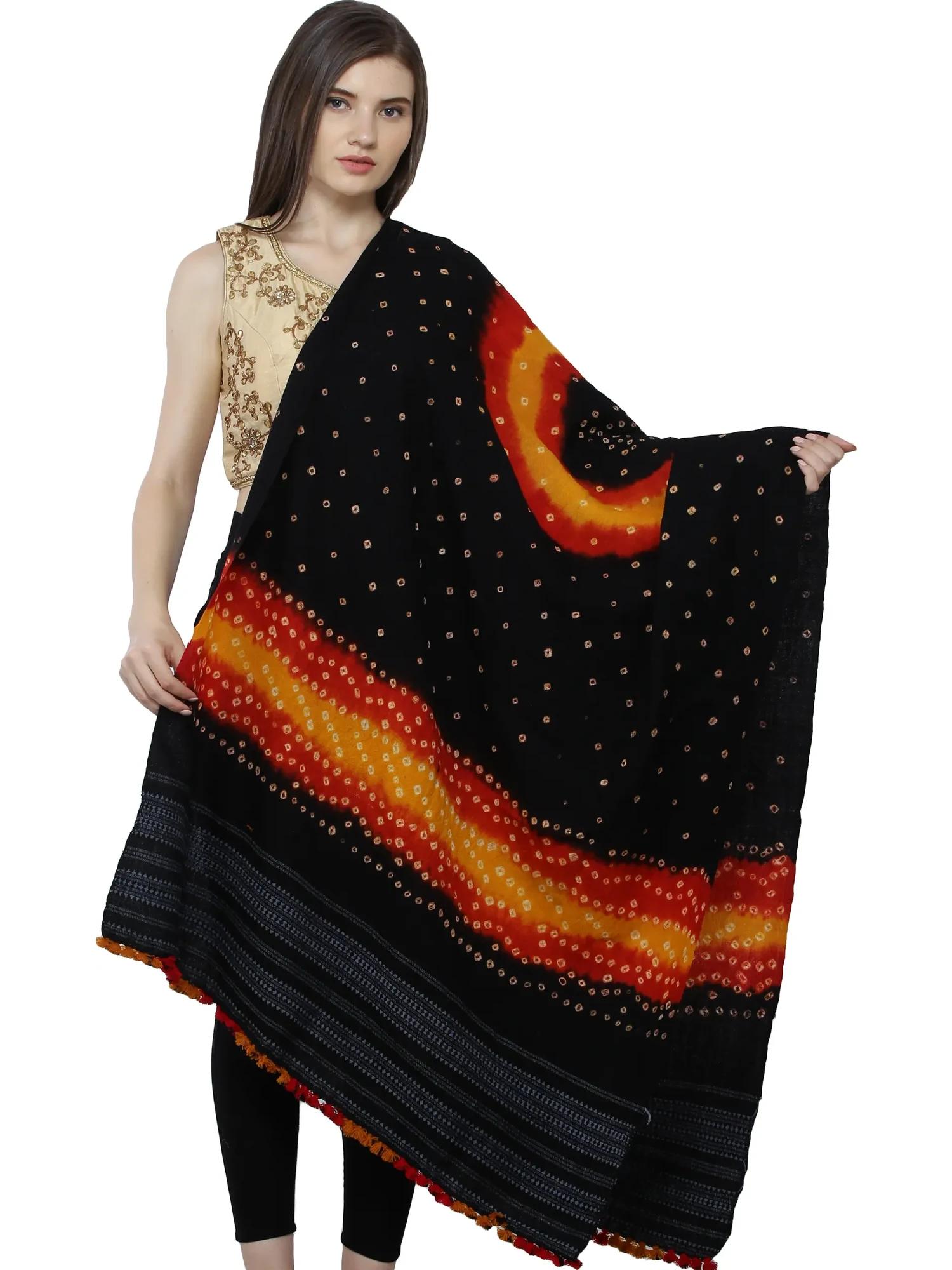 Pirate-Black Bandhani Tie-Dye Shawl from Kutch with Woven Motifs on Border