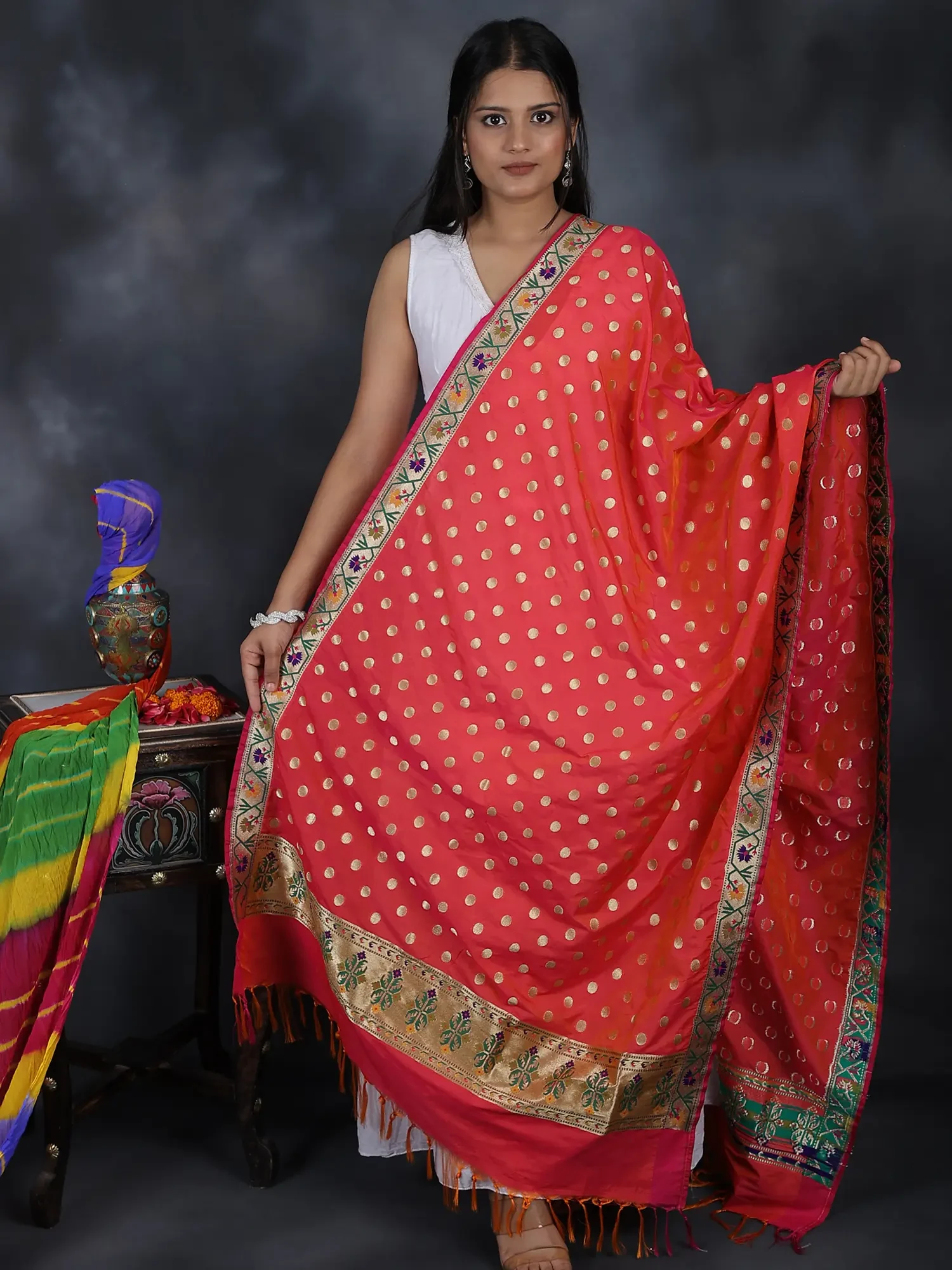 Banarasi Brocaded Dupatta with Woven Polka Dots and Meenakari Border