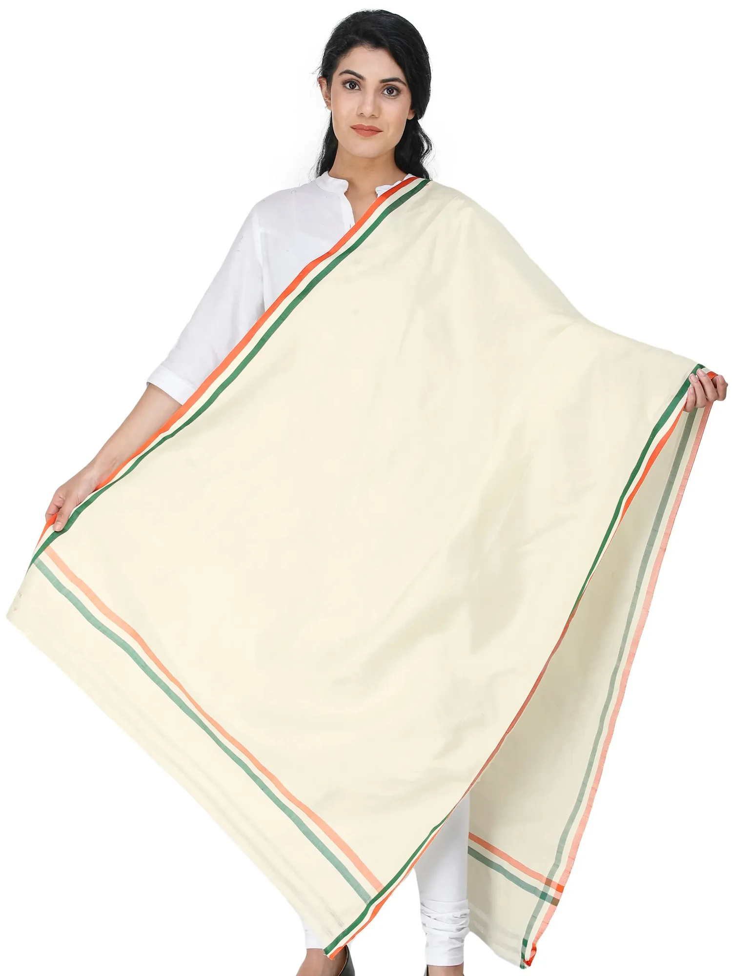 Cream Dupatta with Tri-Color Woven Stripes on Border