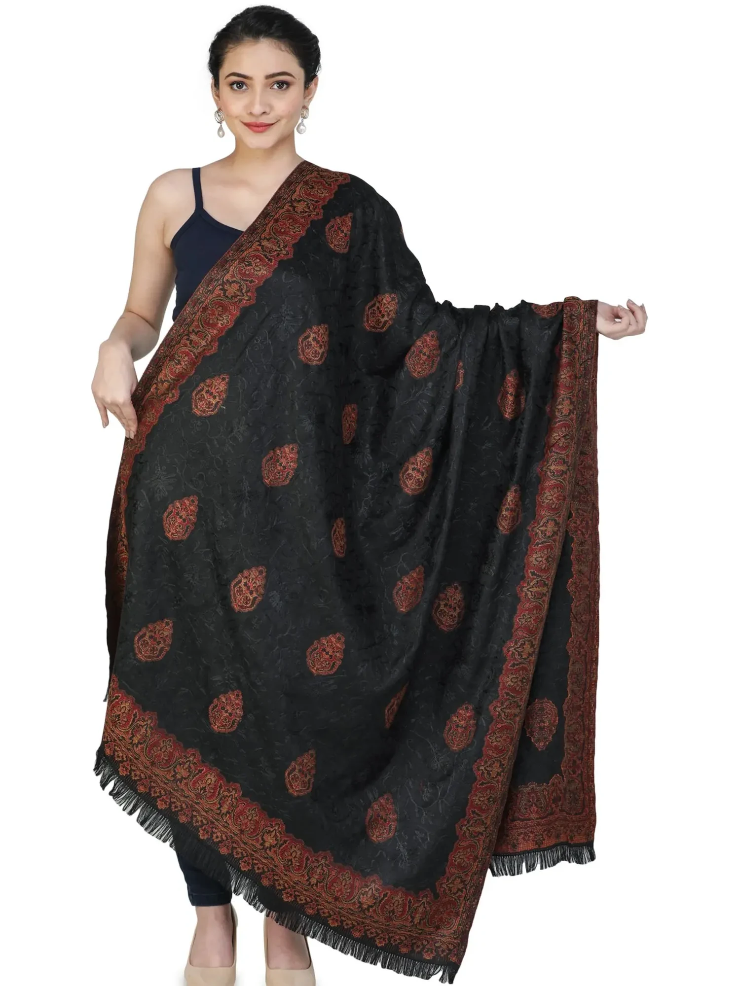 Jet Black Jamawar Stole from Amritsar with Aari Embroidered Flowers in Self-Colored Thread