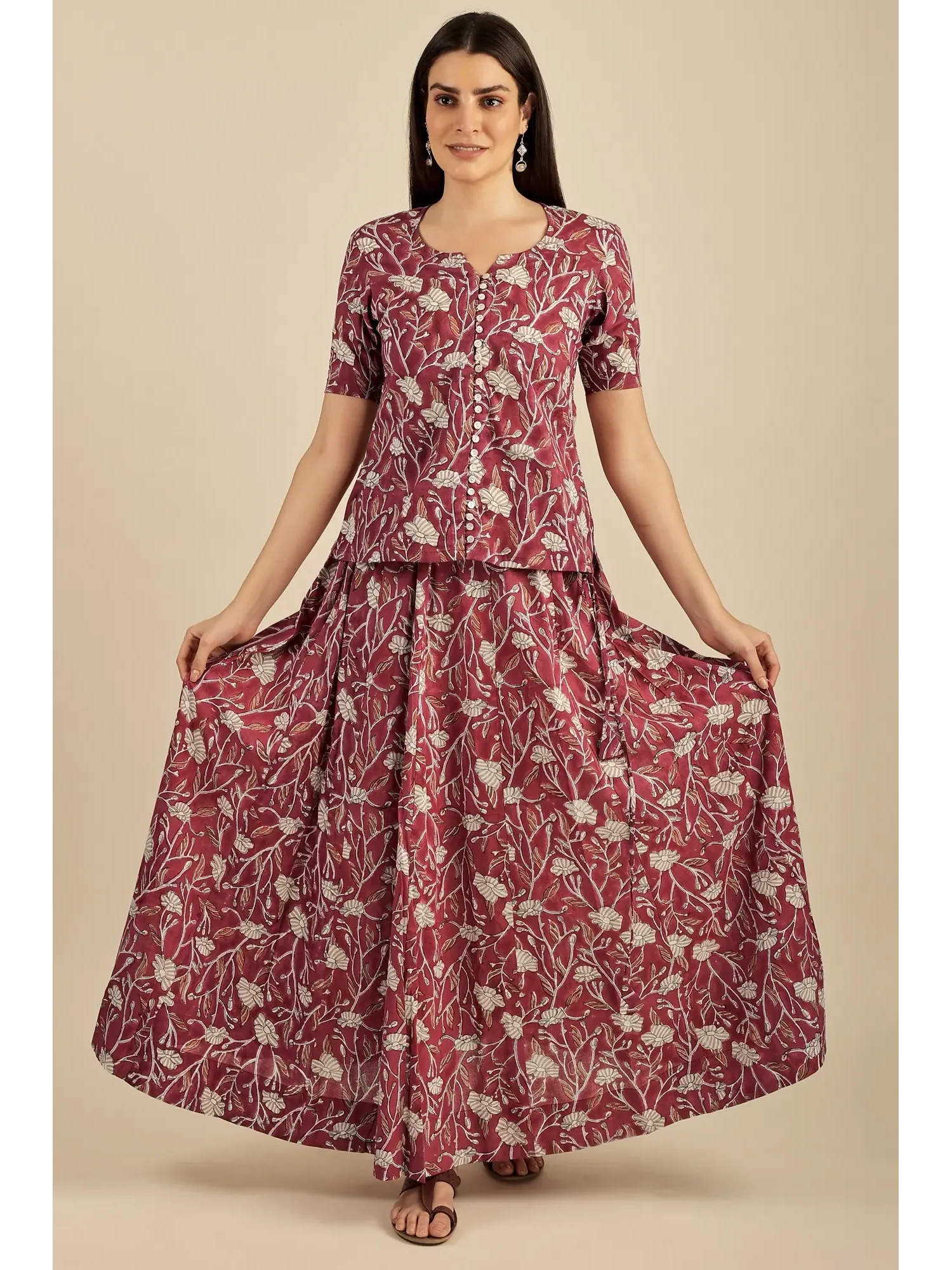 "Lavanya” The Red Hue – Hand Block Printed Paneled Flared Skirt with Front Open Top