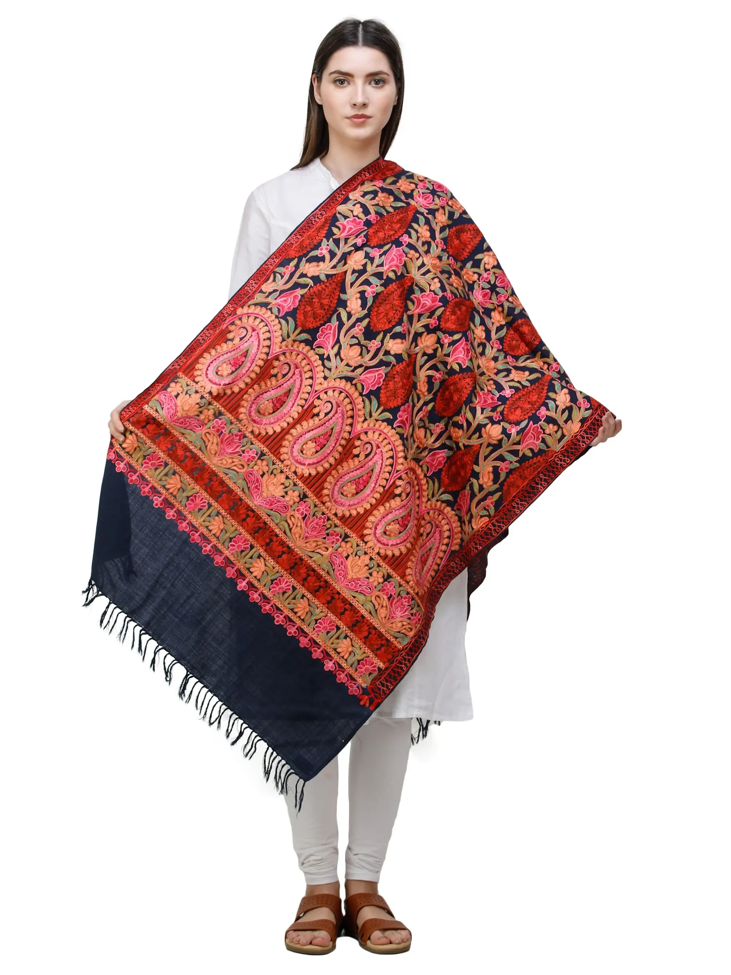 Pageant-Blue Wool Stole from Amritsar with Aari-Embroidered Flowers in Multi-Color Thread