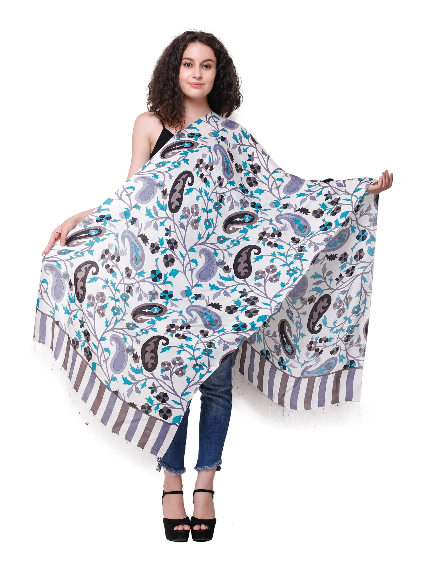 Bright-White Digital Print Stole from Amritsar with Paisleys