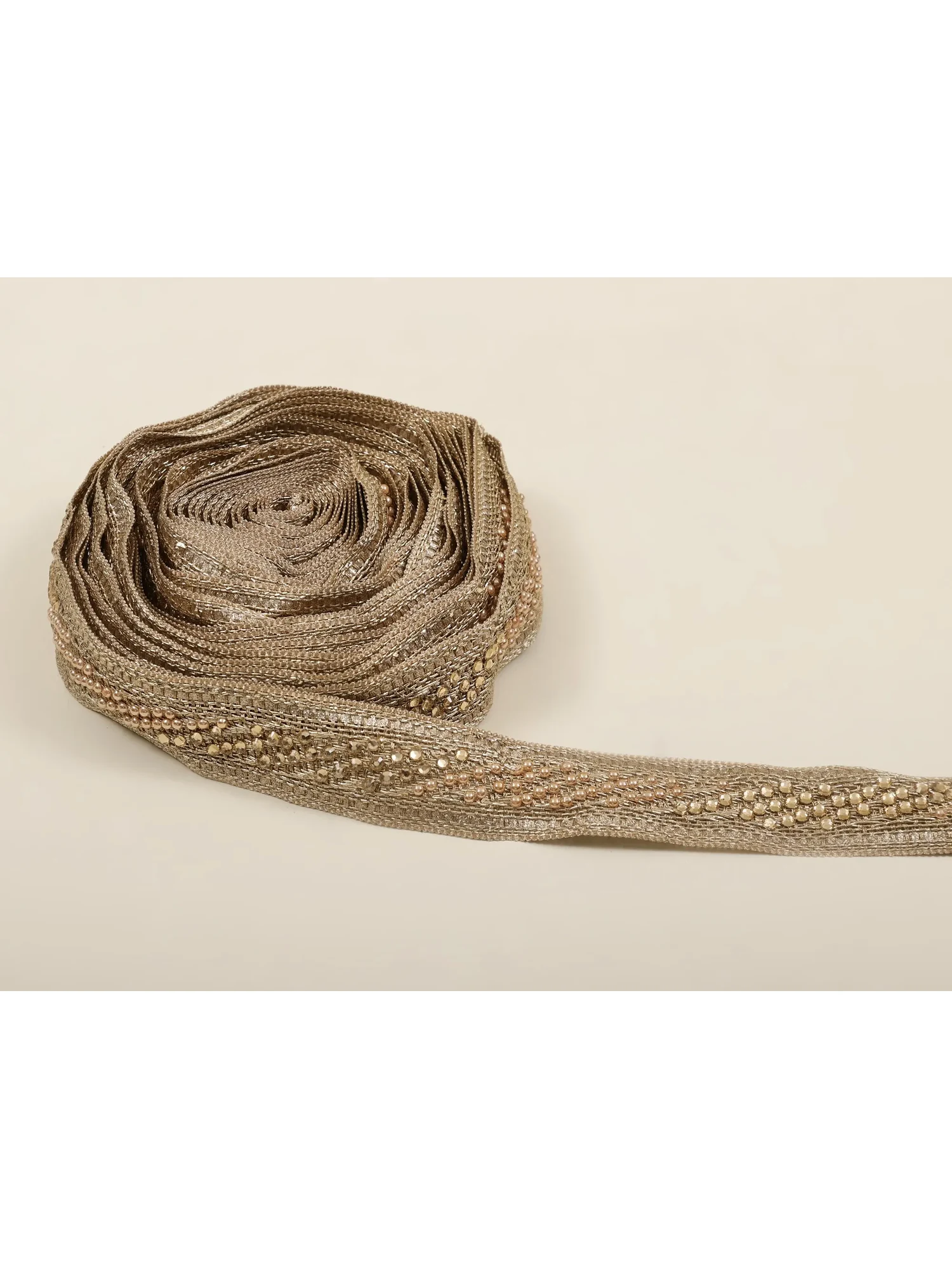 Gilded-Beige Zari-Embroidered Fabric Border with Cut-Work and Stones