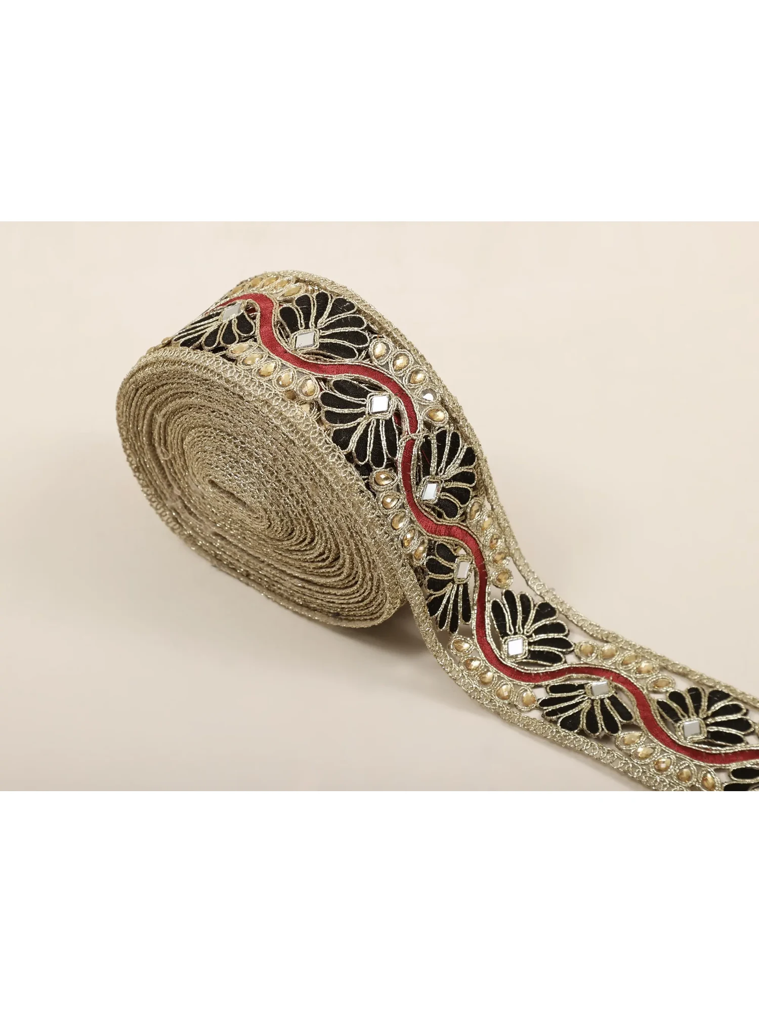 Black and Red Thread-Embroidered Fabric Border with Mirror and Stones