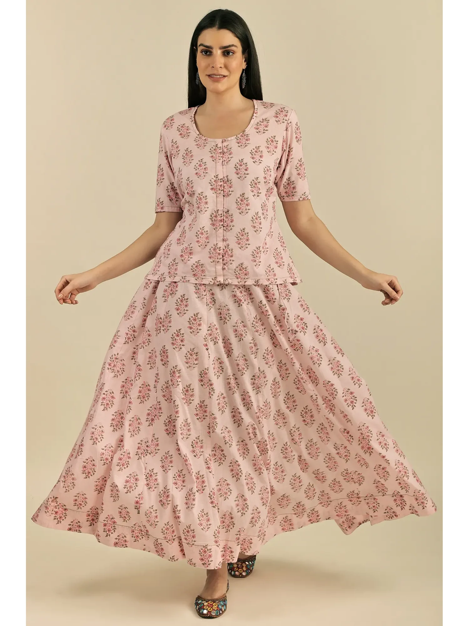 “Flora” a Flower - Hand Block Printed Panelled Flared Skirt with Front Open Top