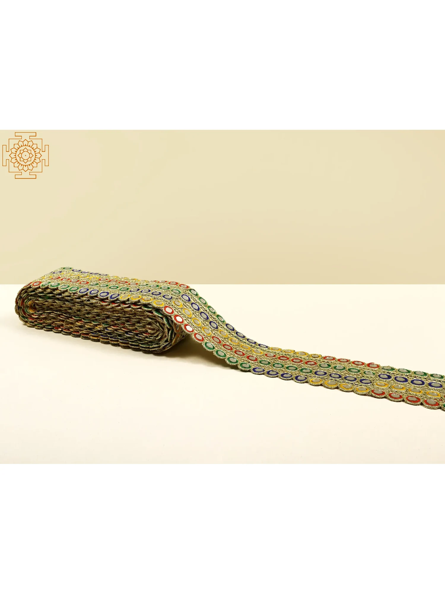 Multicolor Thread-Embroidered Fabric Border with Mirrors