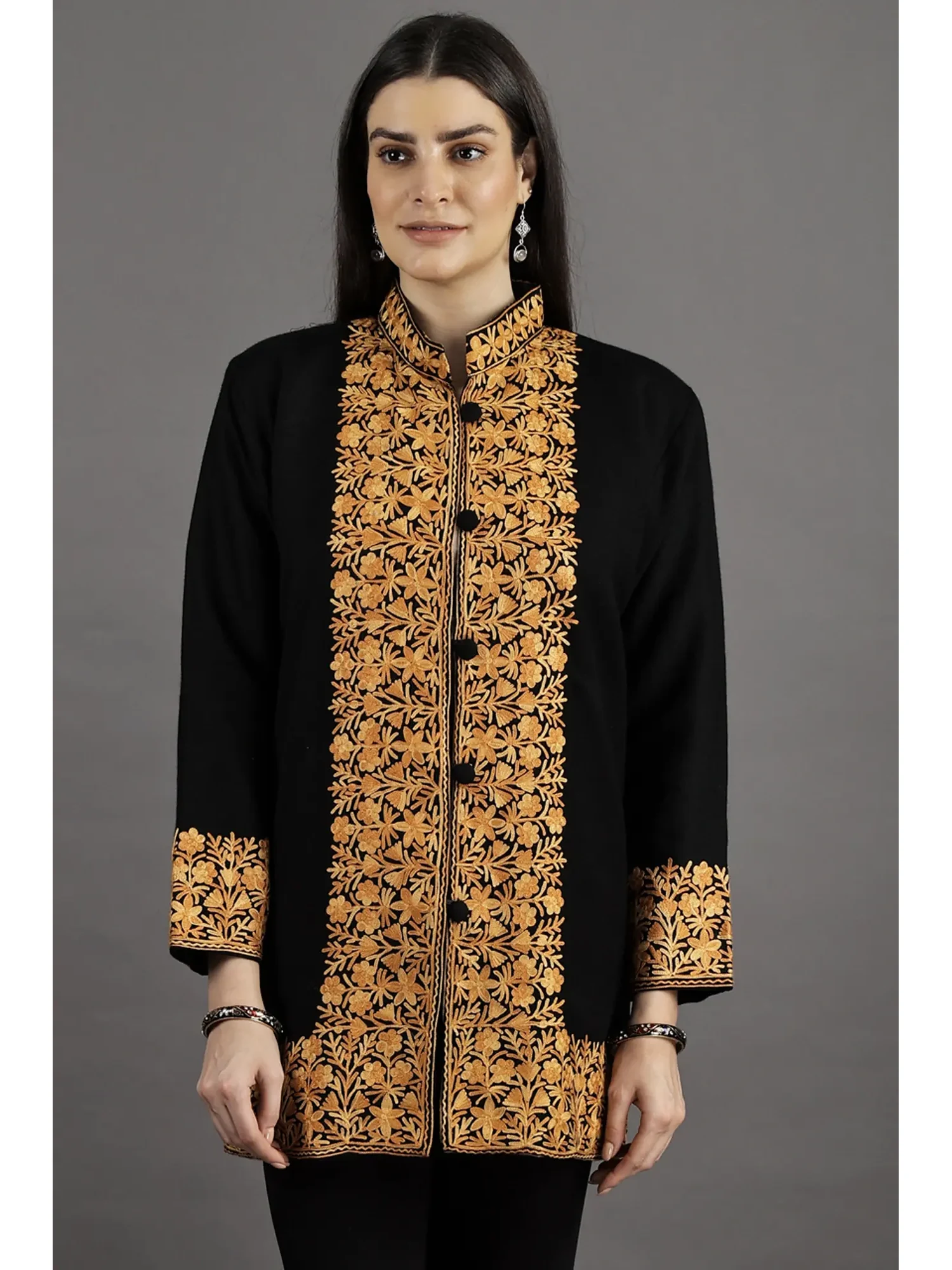 Black-Beauty Short Jacket from Kashmir with Aari Embroidered Flowers