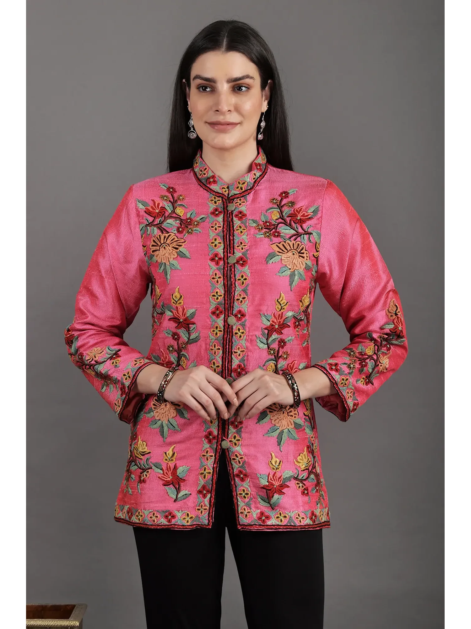 Sangria-Sunset Mandarin Jacket from Kashmir with Vibrant Kashida Embroidered Flowers