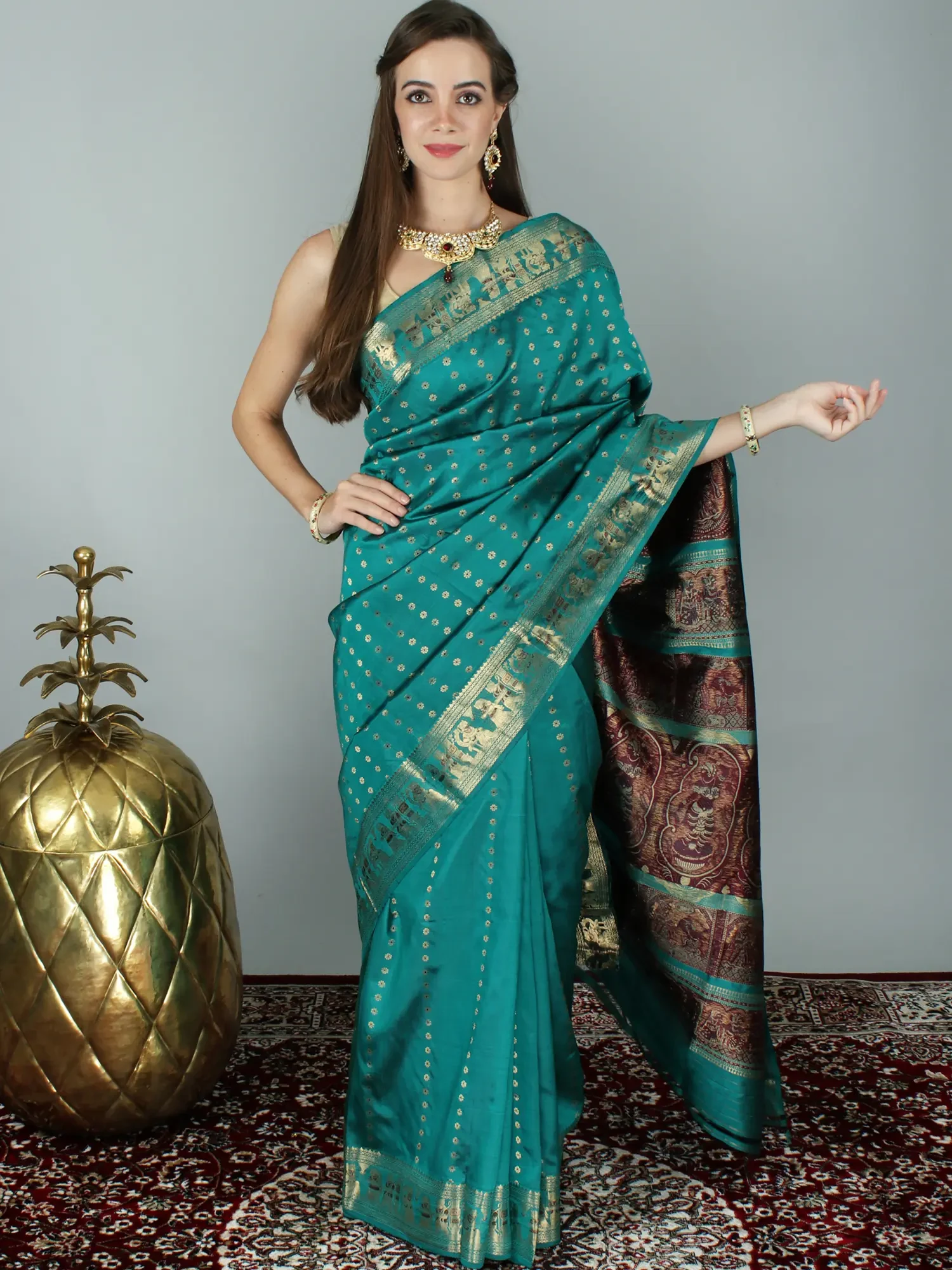 Teal-Blue Baluchari Silk Handloom Saree with Exquisite Zari Work