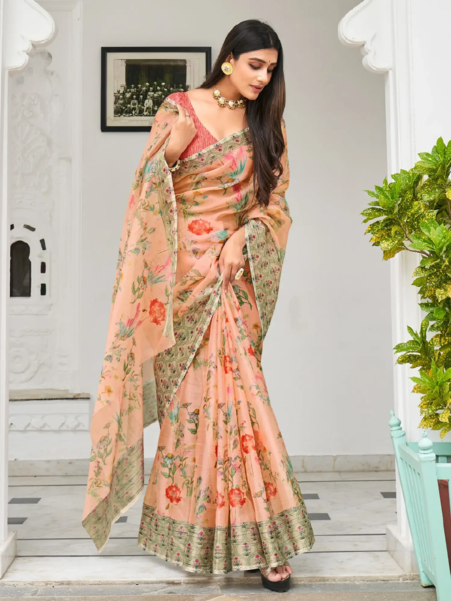 Peach Digital Floral Print Organza Saree with Woven Border