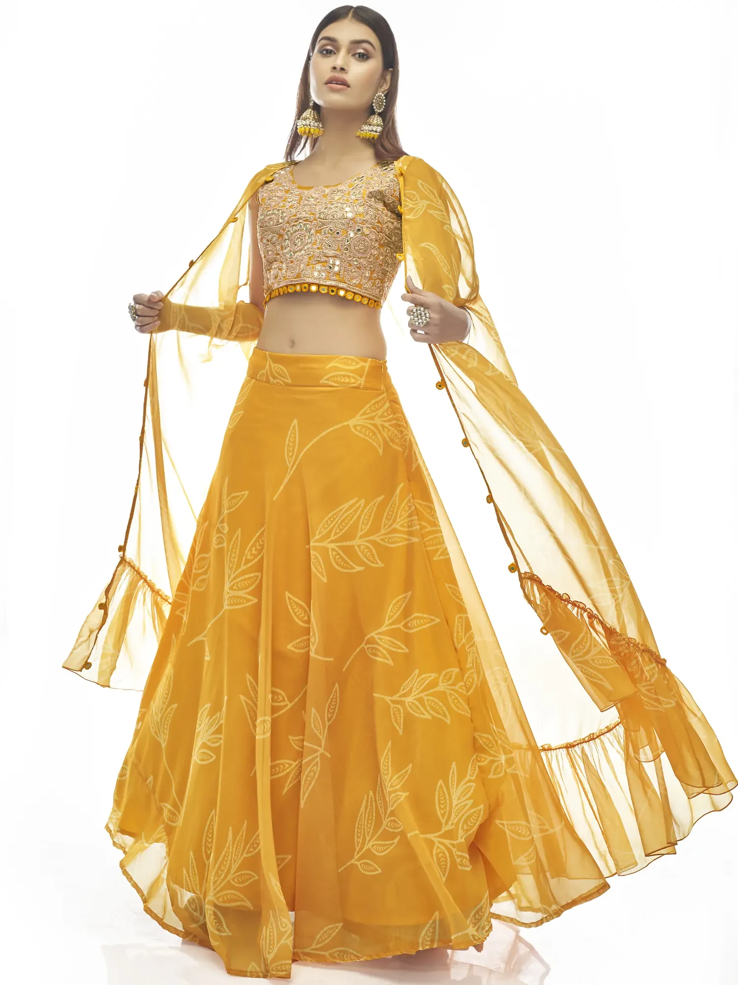 Marigold Printed Dori - Gota Work Organza Lehenga with Designer Heavy Choli and Ruffle Jacket Dupatta