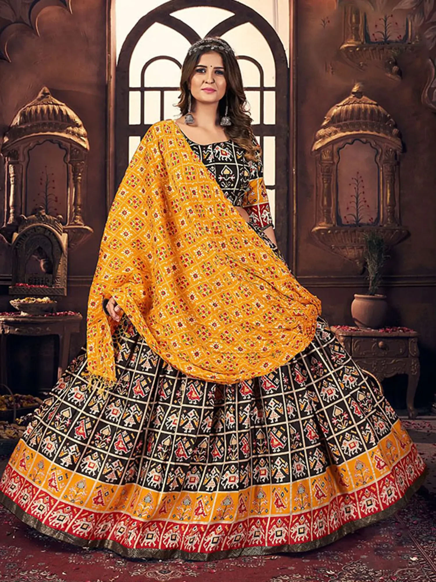 Black-Beauty Cotton Multicolor Satin Digital Print Navratri Lehenga Choli With Side Chain - Dori And Mustard Muslin Dupatta