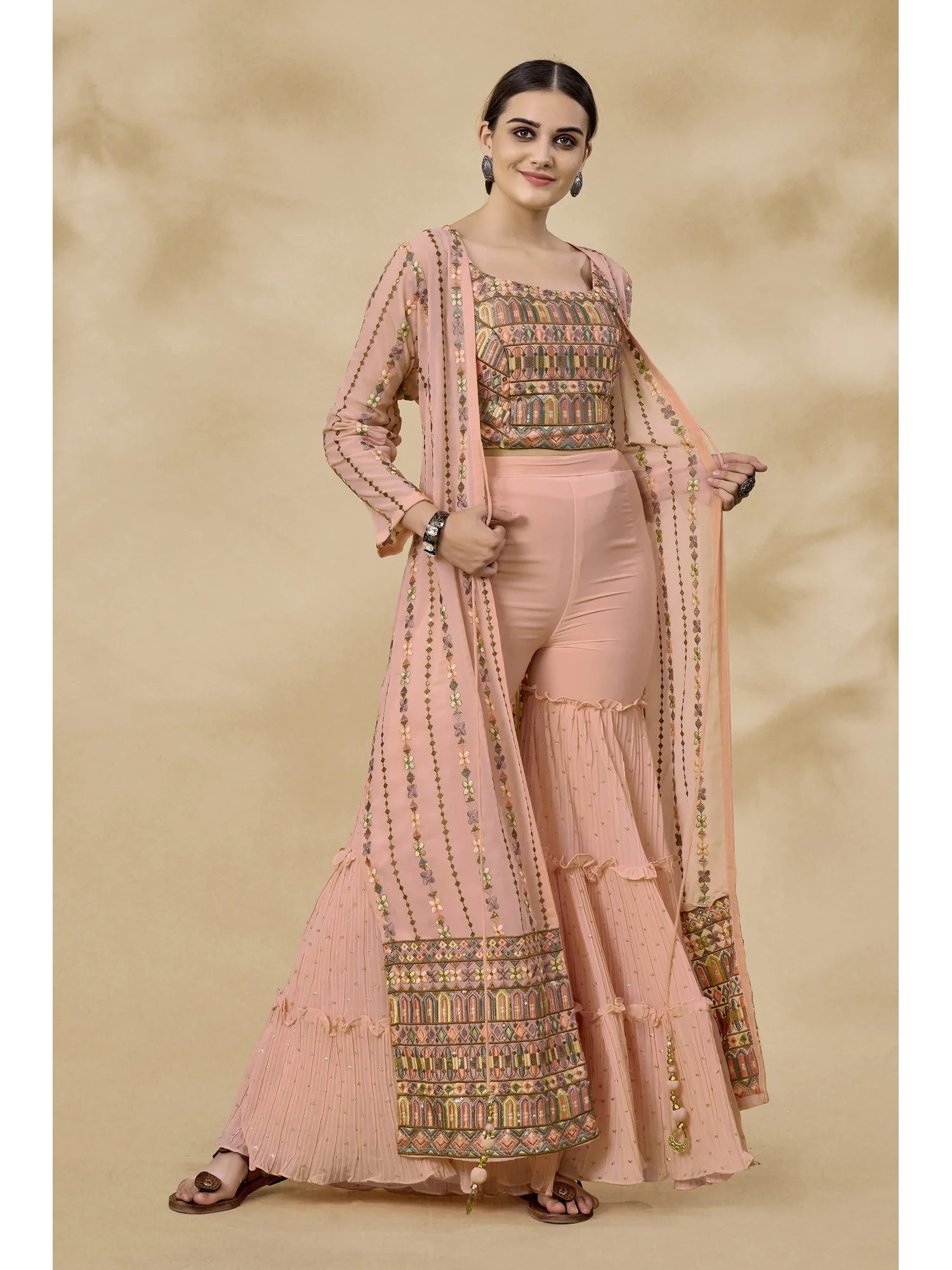 Peach Georgette Sharara Set with Floral Resham-Zari-Mirror-Sequin All-Over Work on Jacket and Blouse