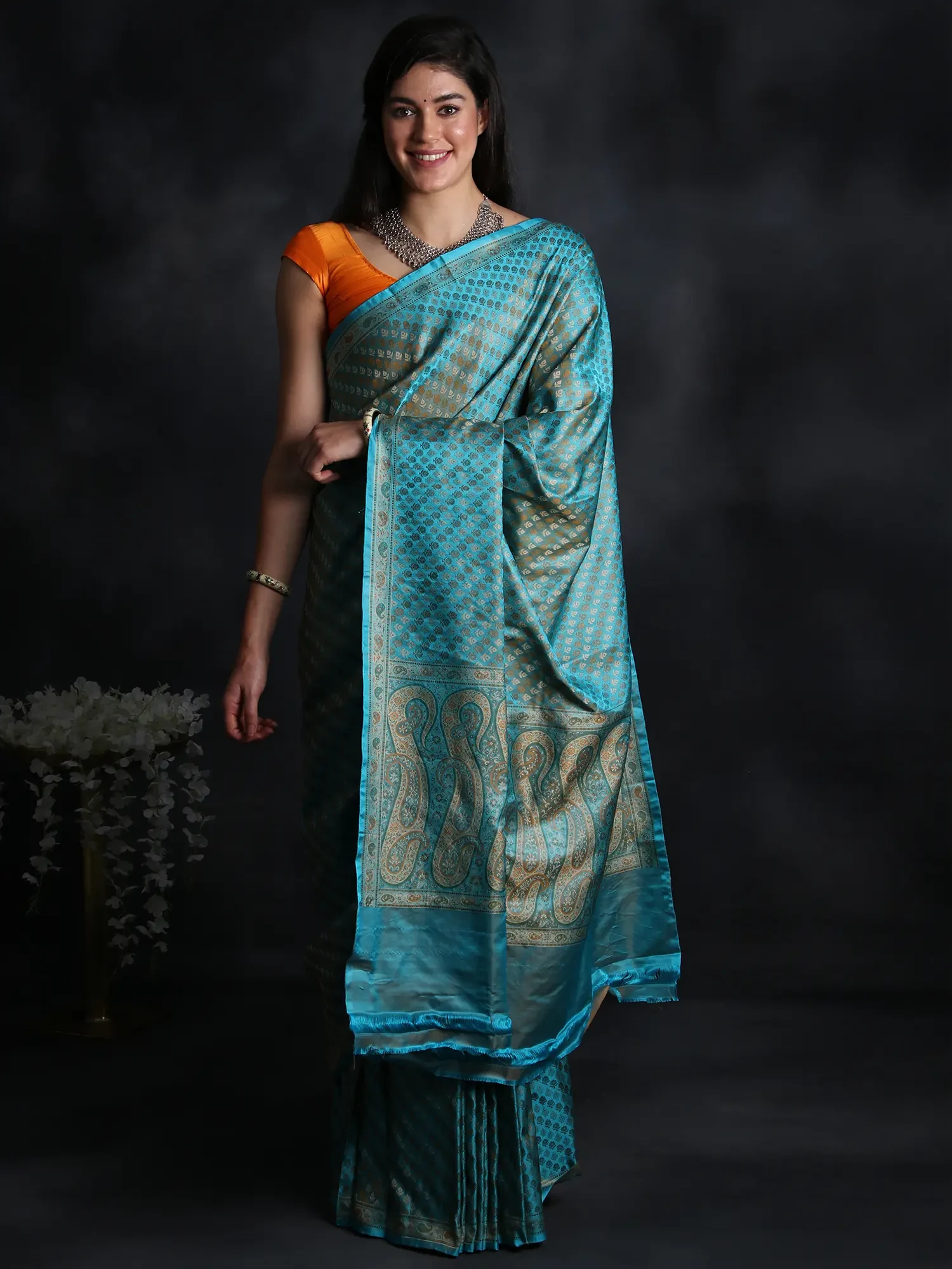 Aqua Handloom Banarasi Meenakari Pure Dupion Silk Saree with Contrast Floral Pattern