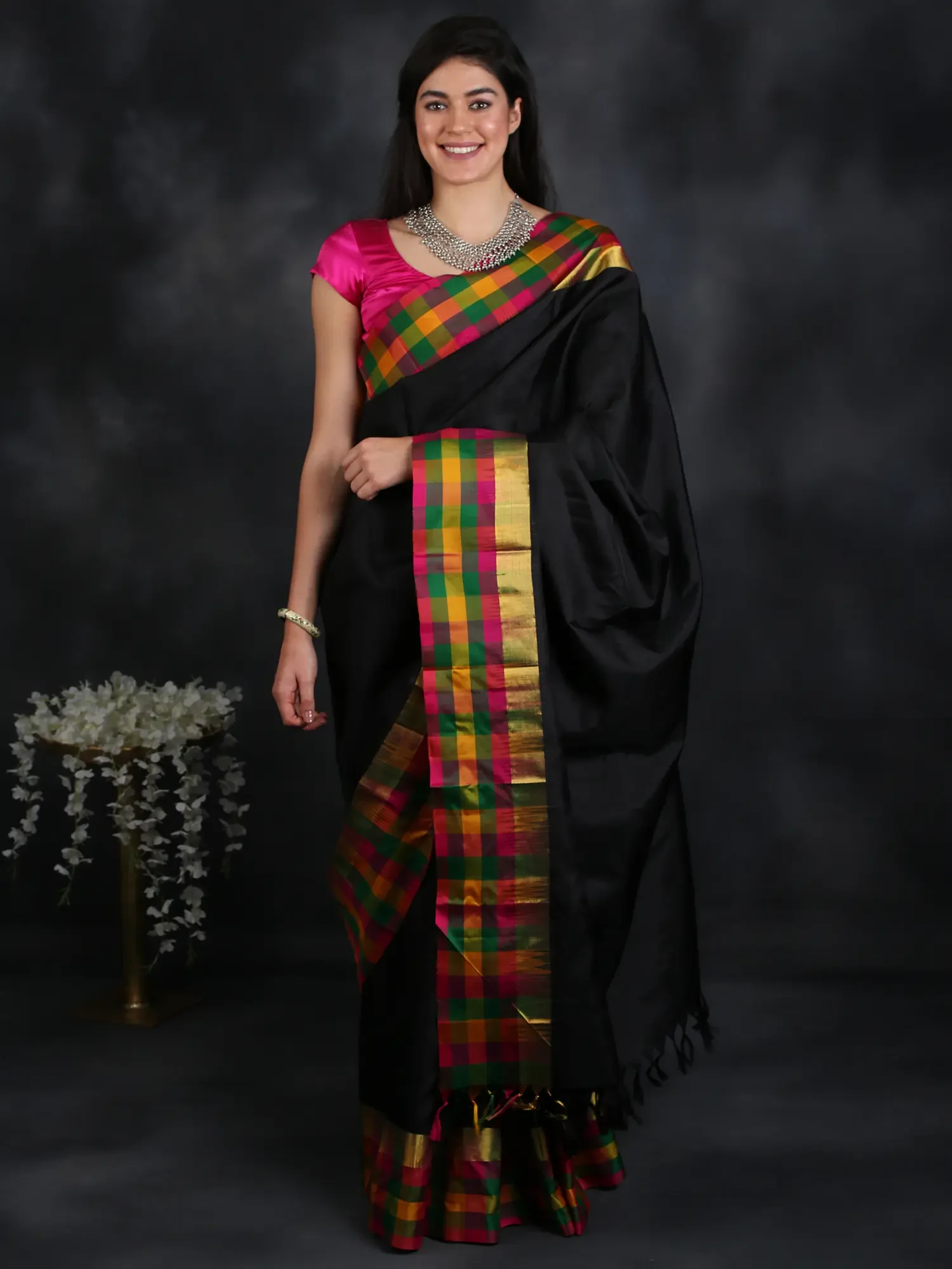 Jet-Black Handloom Pure Silk Kanjivaram Saree from Tamil Nadu with Multicolor Wide Checkered Border