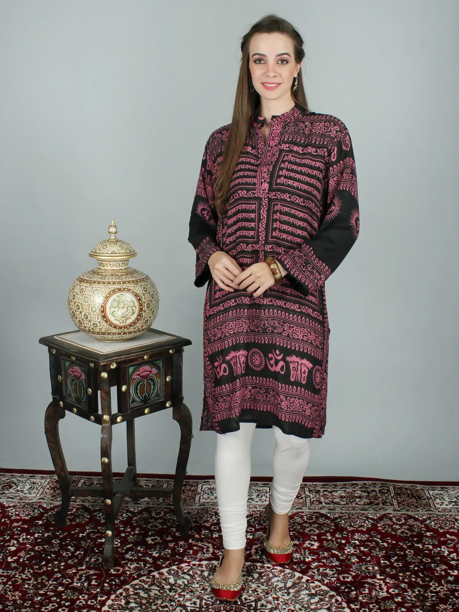 Shri Ram Jai Ram All Over Printed Long Band Neck Kurti Top
