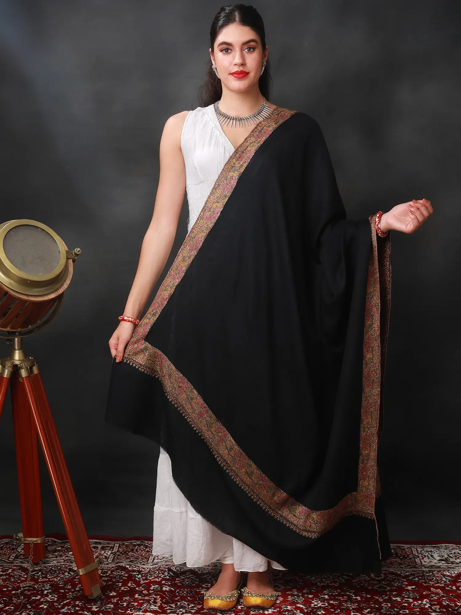 Forest-River Extra-Wide Shawl with Sozni Hand Embroidery with Floral Motif
