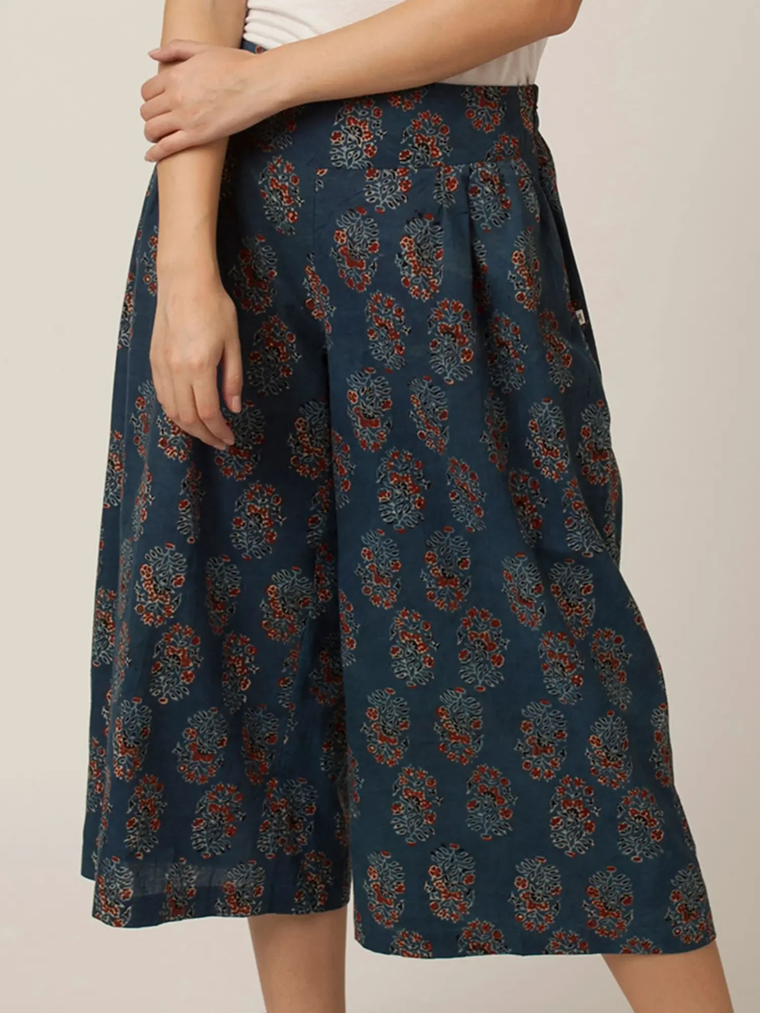 Blue-Ashes Box Pleat Azrakh Printed Short Palazzo Culotte Pant