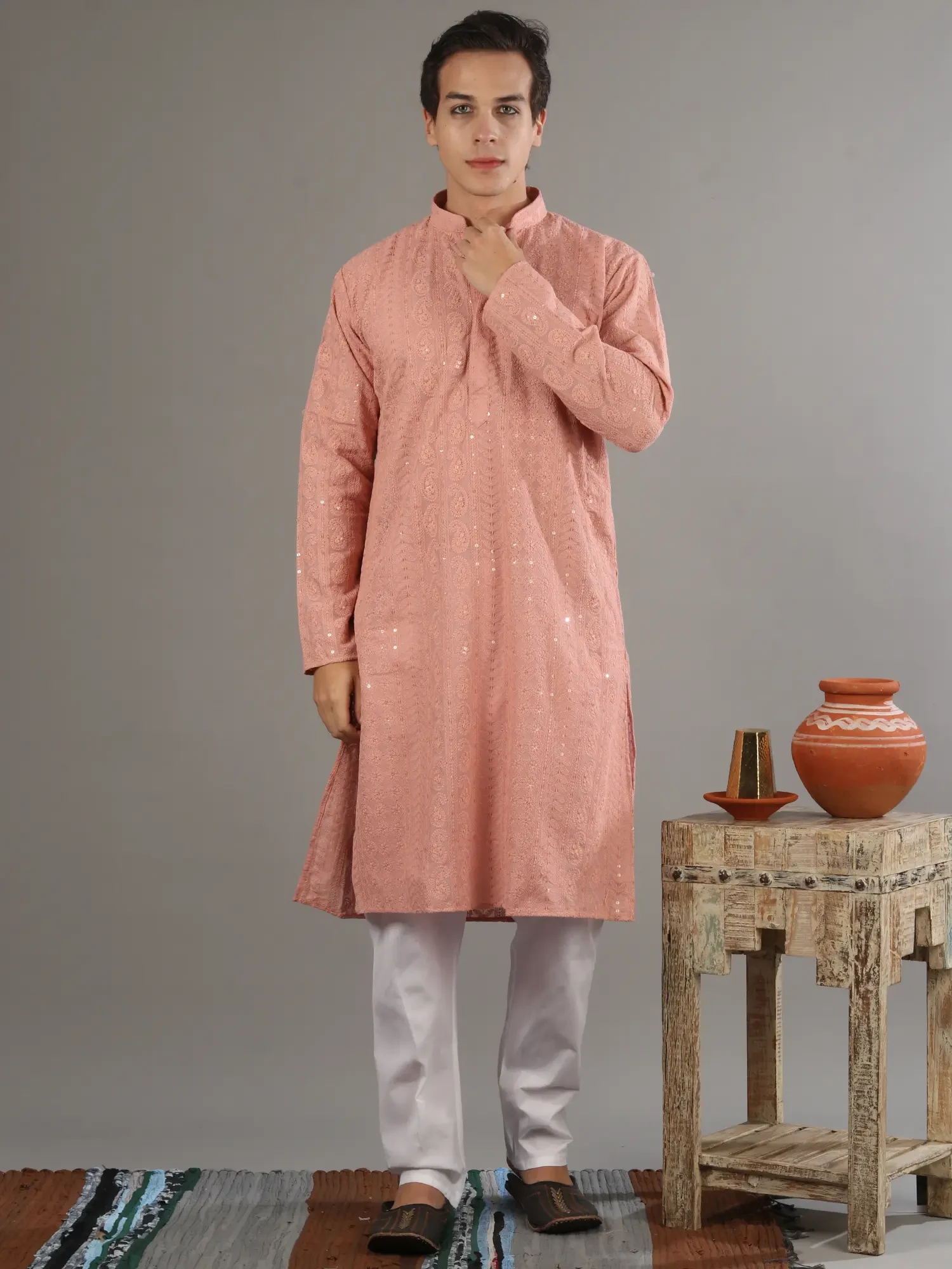 Monochrome Paisley Floral Chikankari Coral Color Sequin Work Kurta With White Pajama Set