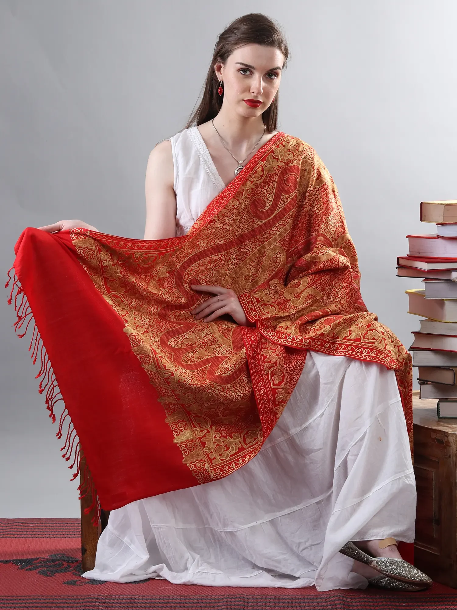 True-Red Embellished Multicolor Aari Embroidered Motif Pure Woolen Shawl from Kashmir