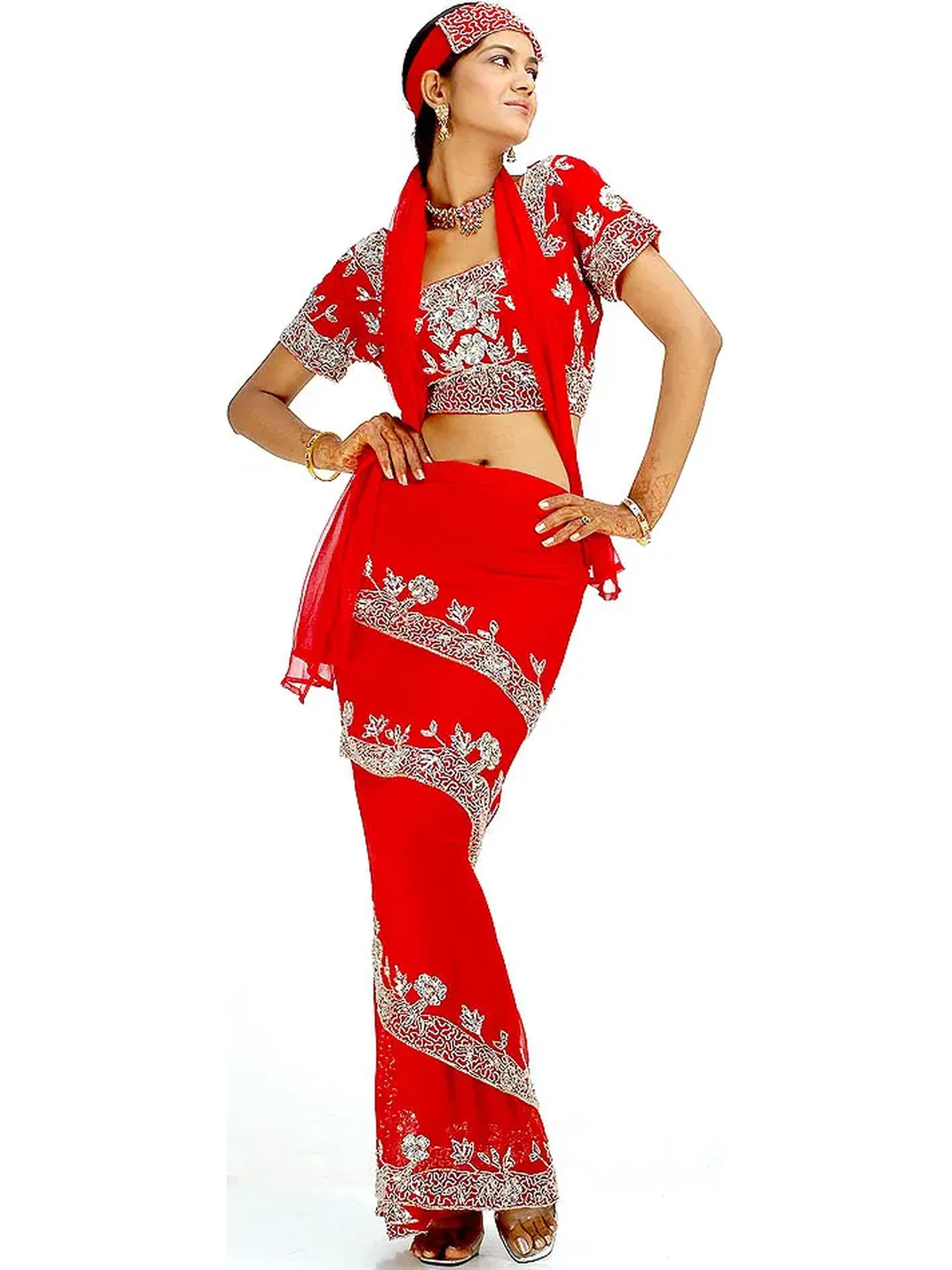 Red Wrap Around Four Piece Sari Suit with Heavy Sequins and Beadwork on Choli