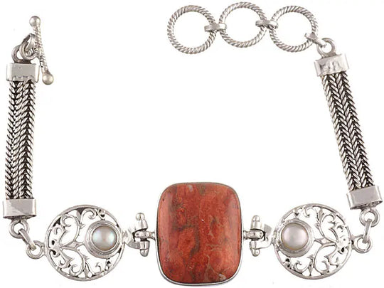 Agate and Twin Pearl Sterling Silver Bracelet