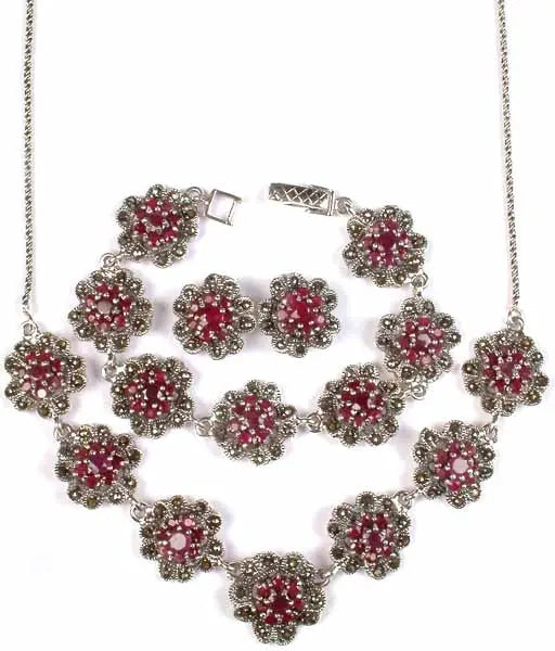 Faceted Ruby Sterling Silver Necklace, Bracelet and Earrings Set