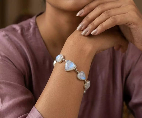 Pear and Trillion Cut Rainbow Moonstone Silver Bracelet