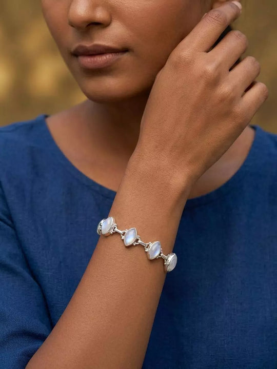 Rainbow Moonstone Marquise Sterling Silver Bracelet
