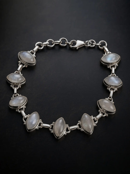 Rainbow Moonstone Marquise Sterling Silver Bracelet